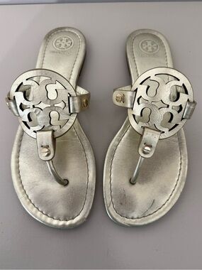 Tory Burch Metallic Silver Logo Thong Sandals